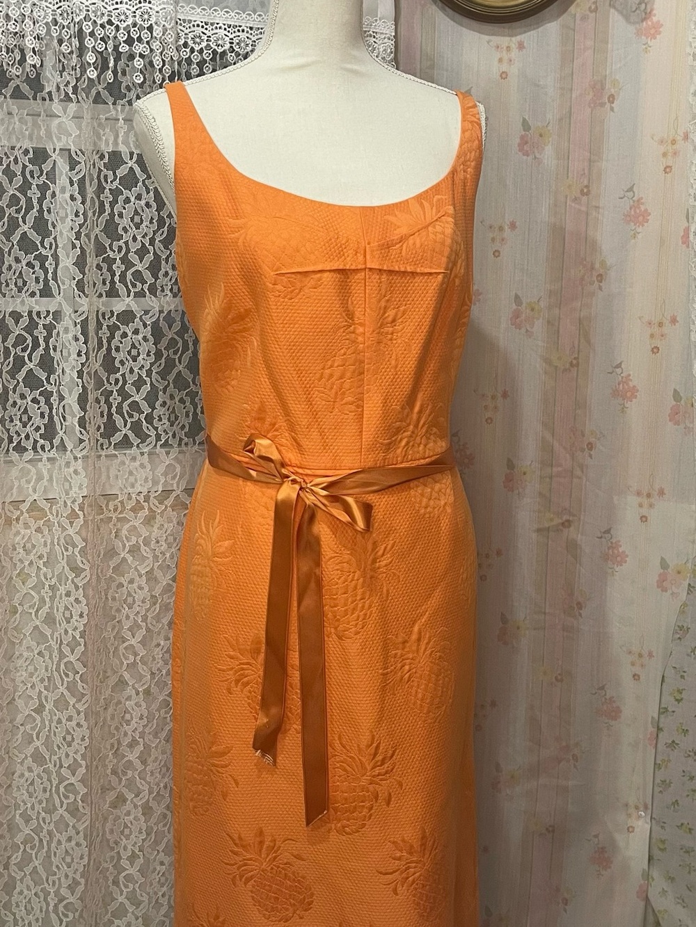 Dana Buchman Orange Sleeveless Midi Dress with Satin Waist Tie